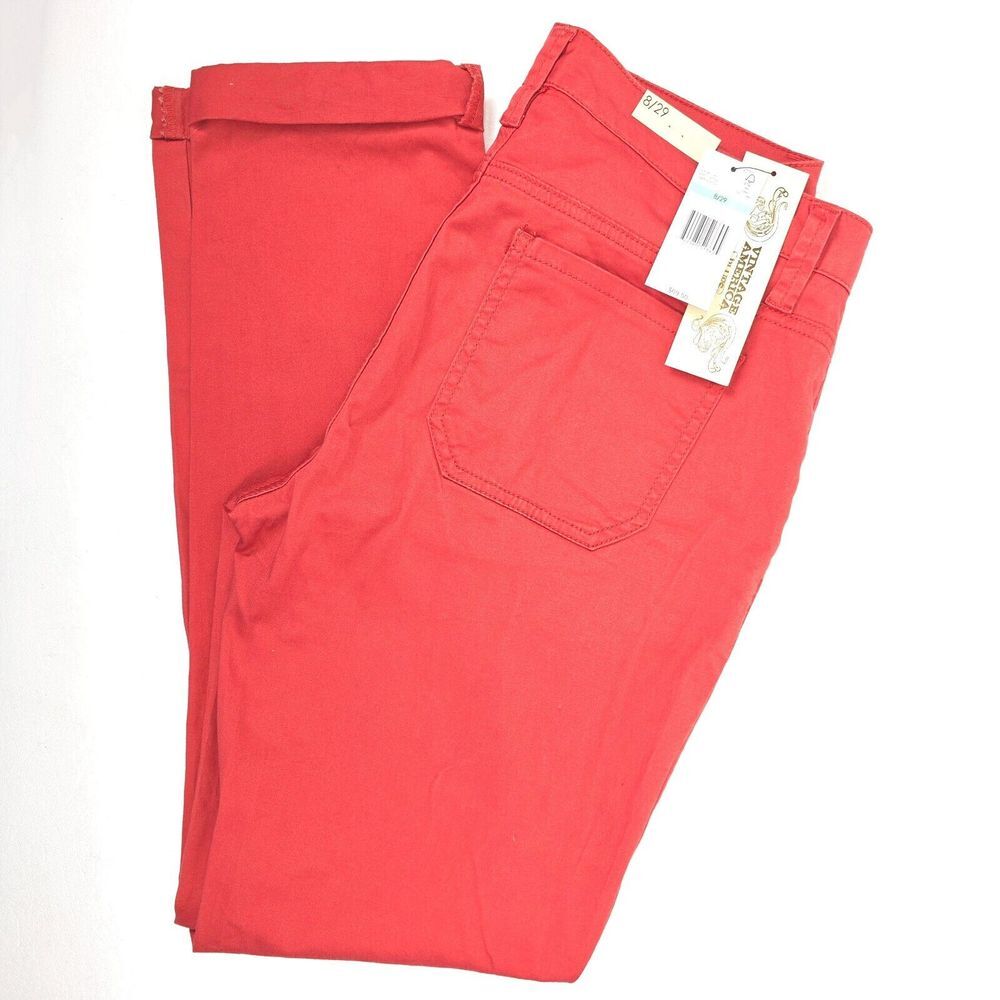 Vintage America Blues Chino Pants Women 8/29 Red Cuffed Patch Pockets Flat Front